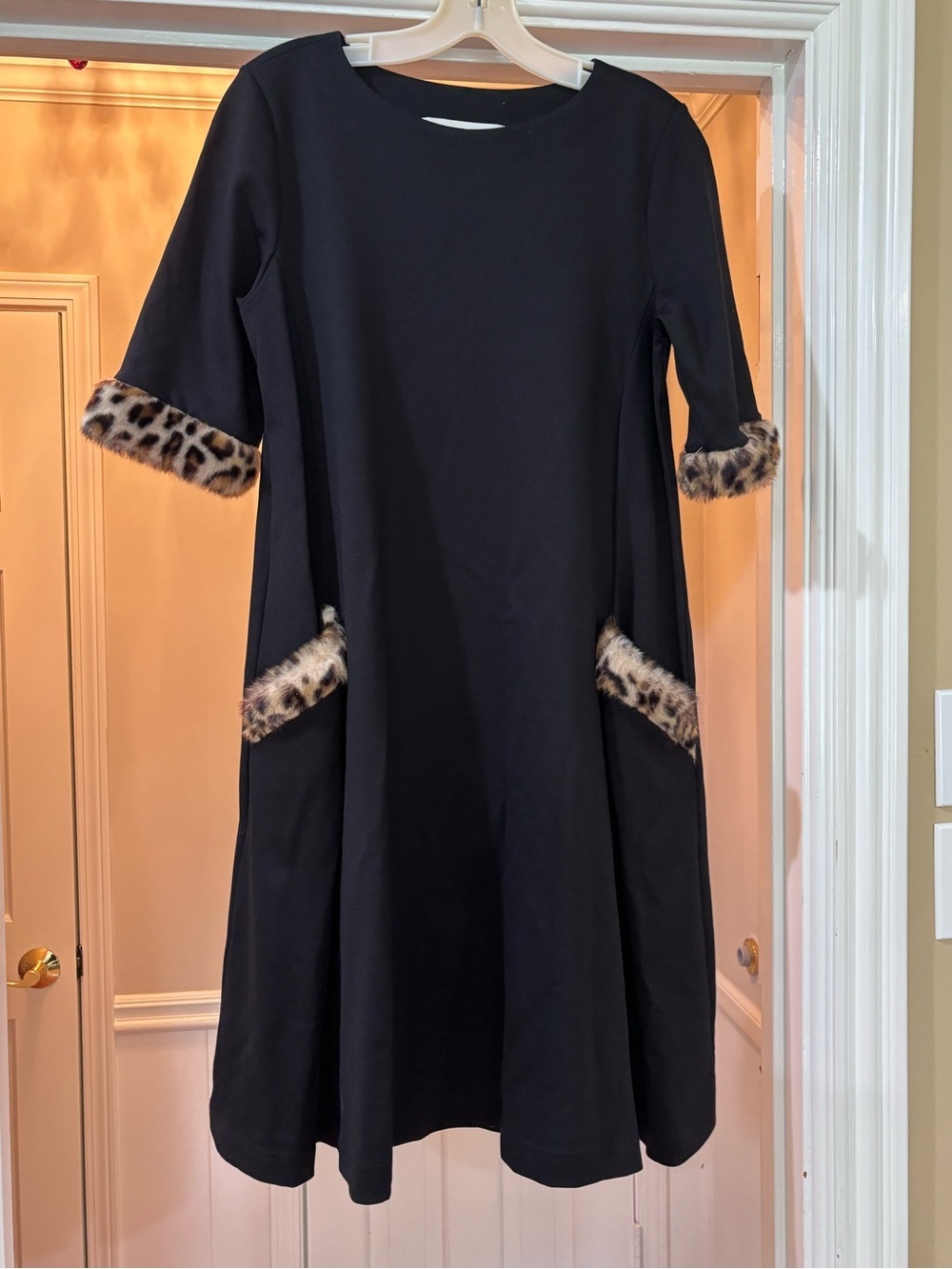 Sara Campbell Black A-Line Dress with Leopard Faux Fur Trim s
